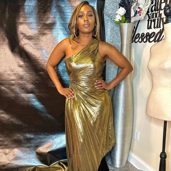 gold metallic pleated dress Metallic Gold Pleated Maxi Dress M main image 1